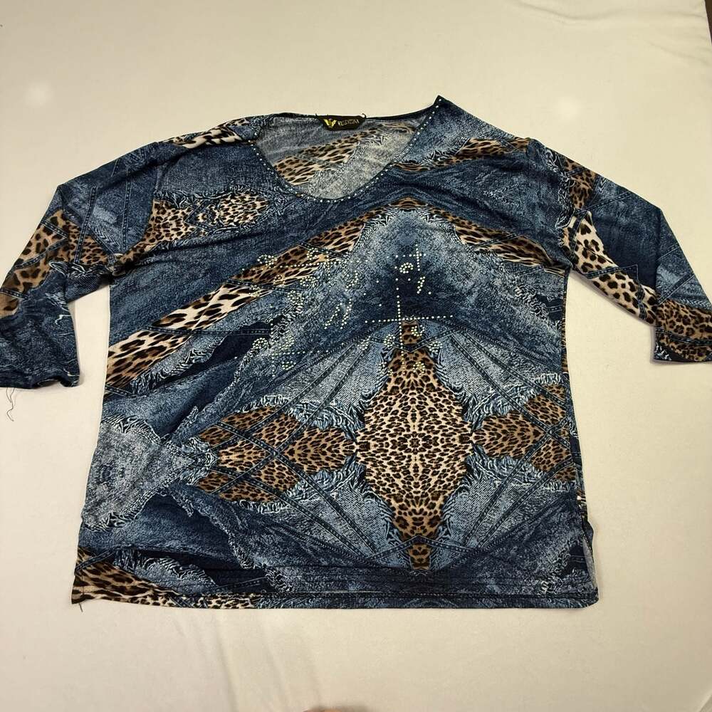 Valentina Women's Denim & Leopard Mixed Print Rhinestone V-Neck Top